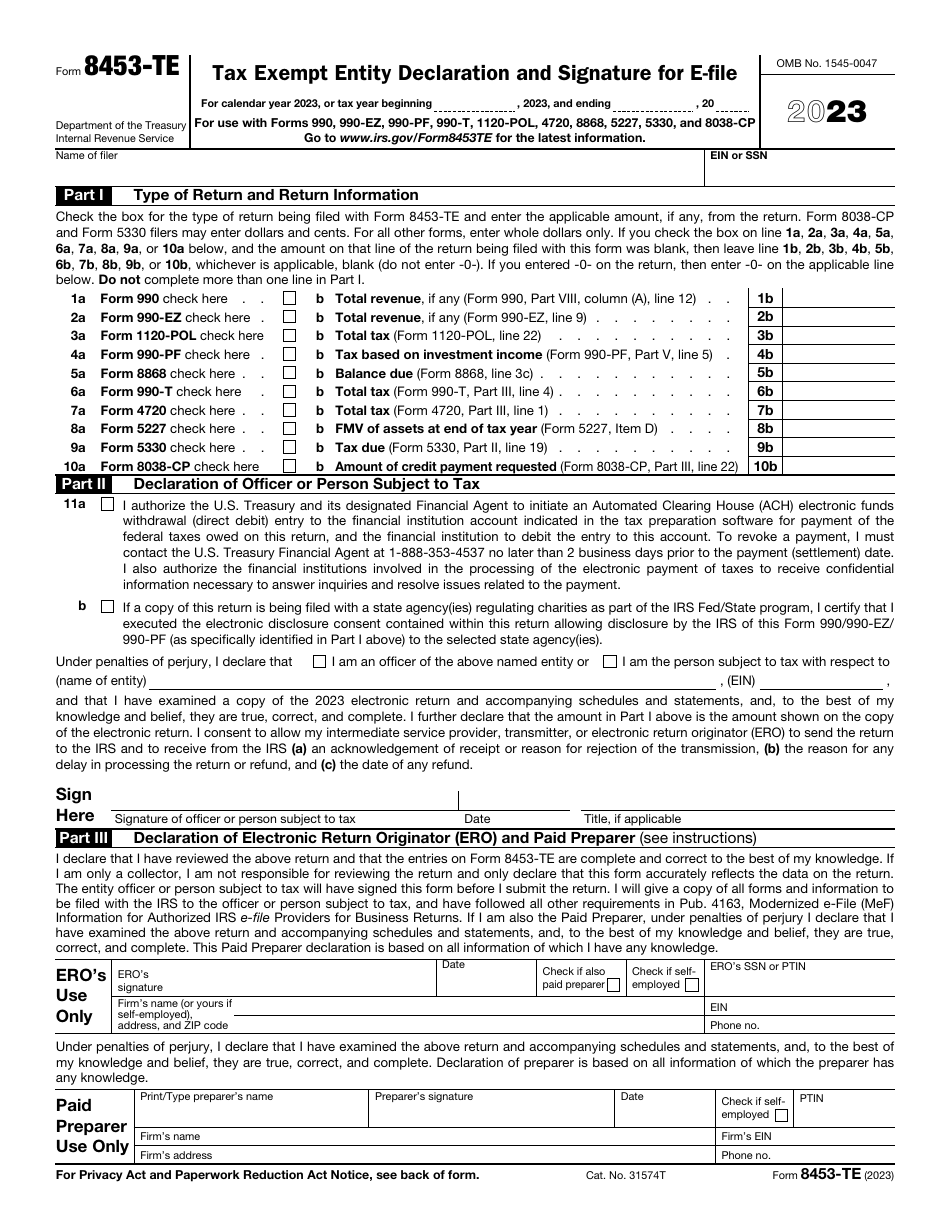 IRS Form 8453TE Download Fillable PDF or Fill Online Tax Exempt Entity