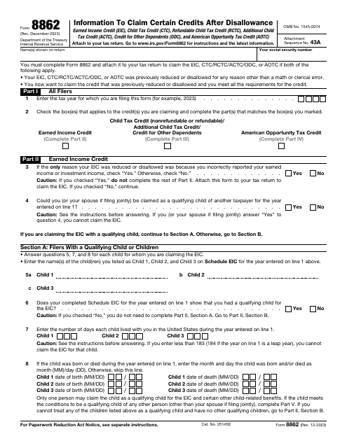 IRS Form 8862  Printable Pdf
