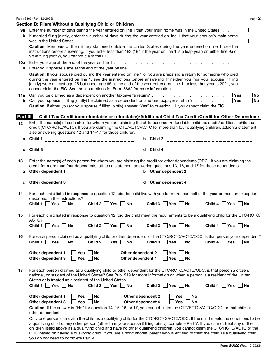 IRS Form 8862 Download Fillable PDF or Fill Online Information to Claim ...