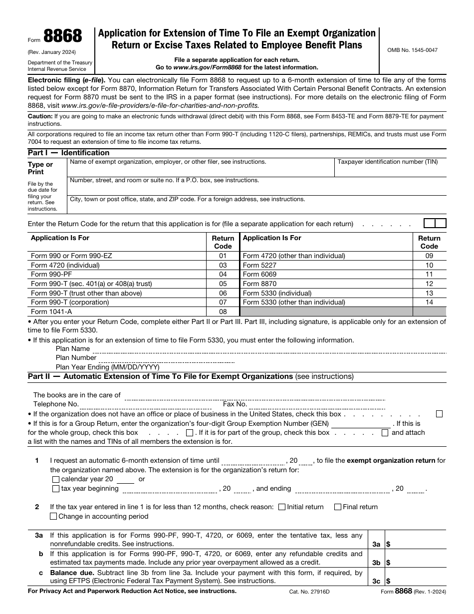 IRS Form 8868 Application for Extension of Time to File an Exempt Organization Return or Excise Taxes Related to Employee Benefit Plans, Page 1