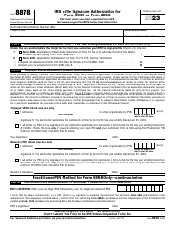 Document preview: IRS Form 8878 IRS E-File Signature Authorization for Form 4868 or Form 2350, 2023