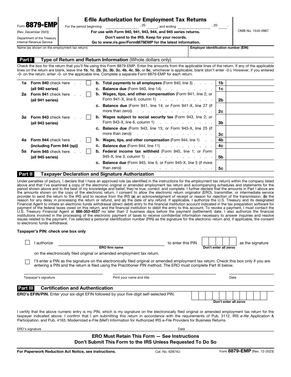 IRS Form 8879-EMP E-File Authorization for Employment Tax Returns, Page 1
