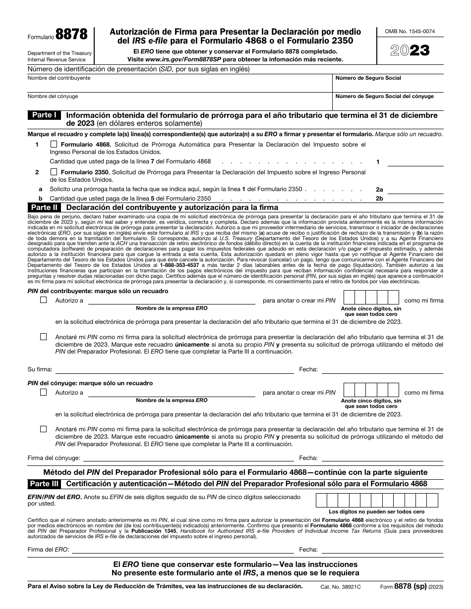 IRS Formulario 8878(SP) Autorizacion De Firma Para Presentar La Declaracion Por Medio Del IRS E-File Para El Formulario 4868 O El Formulario 2350 (Spanish), Page 1