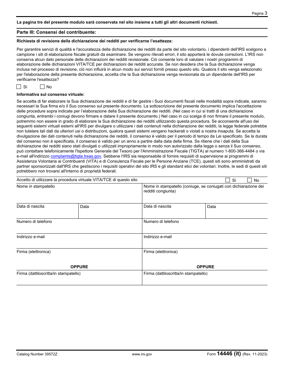 IRS Form 14446 (IT) Virtual Vita / Tce Taxpayer Consent (Italian), Page 3