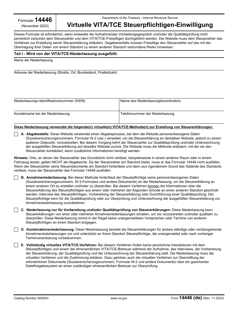 IRS Form 14446 (DE) Virtual Vita / Tce Taxpayer Consent (German), Page 1