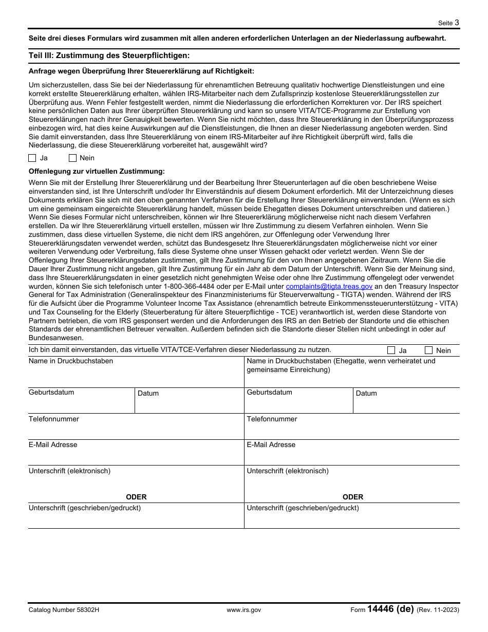 IRS Form 14446 (DE) Virtual Vita / Tce Taxpayer Consent (German), Page 3