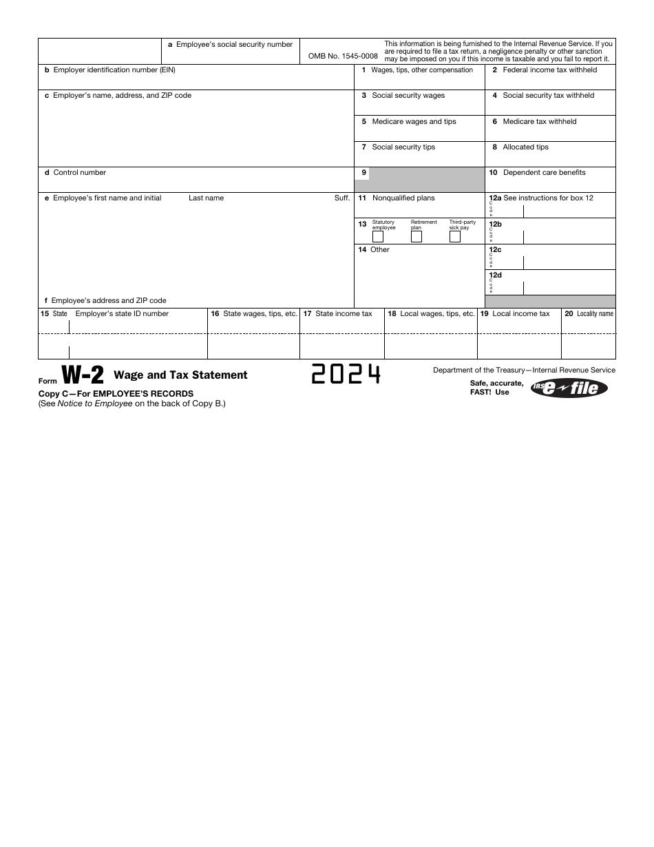 IRS Form W2 Download Fillable PDF or Fill Online Wage and Tax