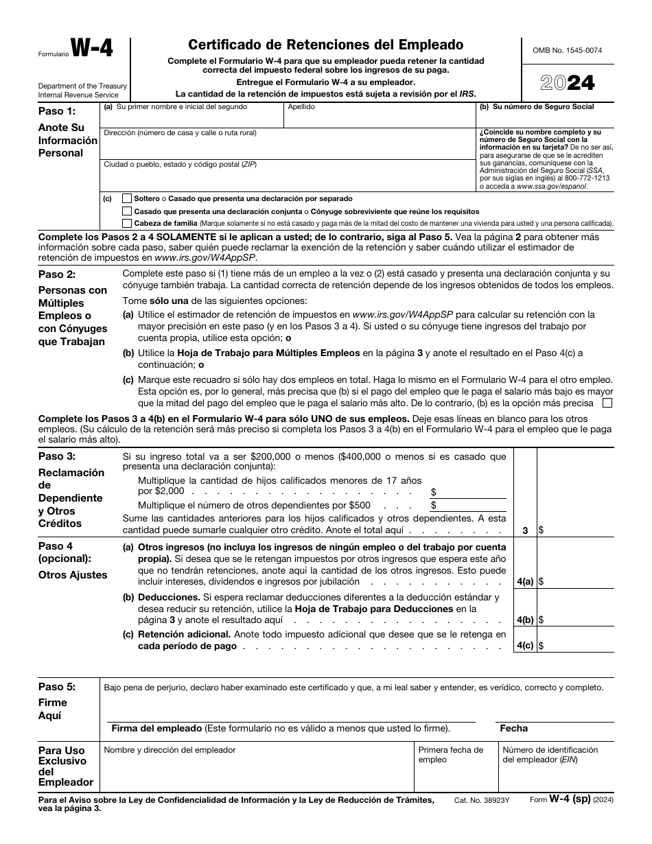 IRS Formulario W4 (SP) 2024 Fill Out, Sign Online and Download Fillable PDF (Spanish