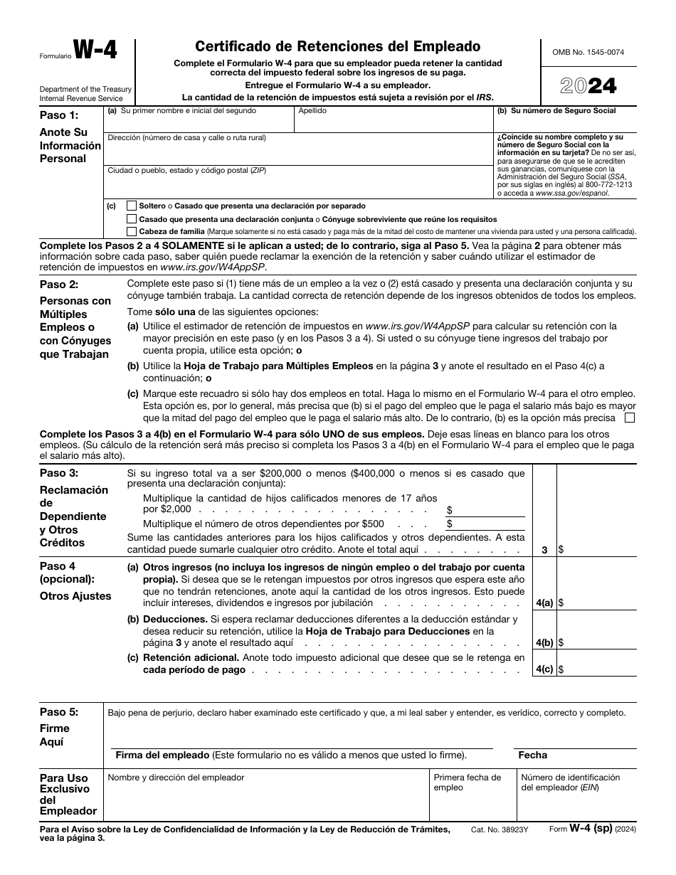 IRS Formulario W-4 (SP) Certificado De Retenciones Del Empleado (Spanish), Page 1