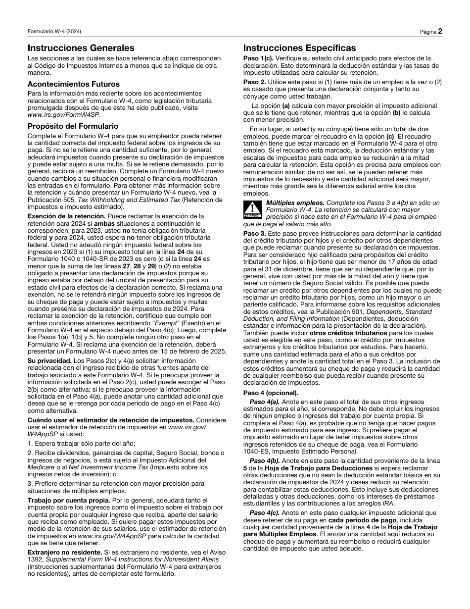 IRS Formulario W-4 (SP) Certificado De Retenciones Del Empleado (Spanish), Page 2
