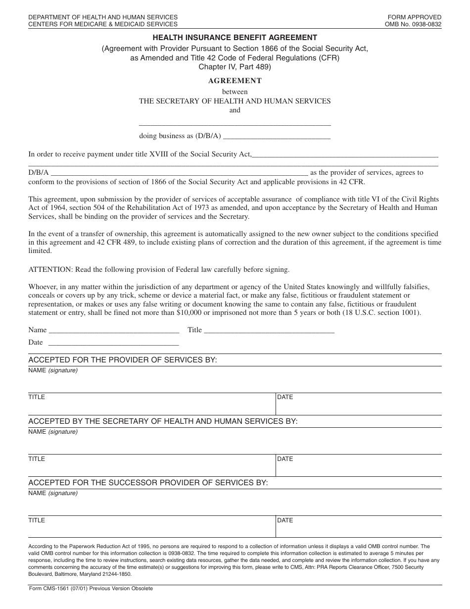 Form CMS-1561 Health Insurance Benefit Agreement, Page 1