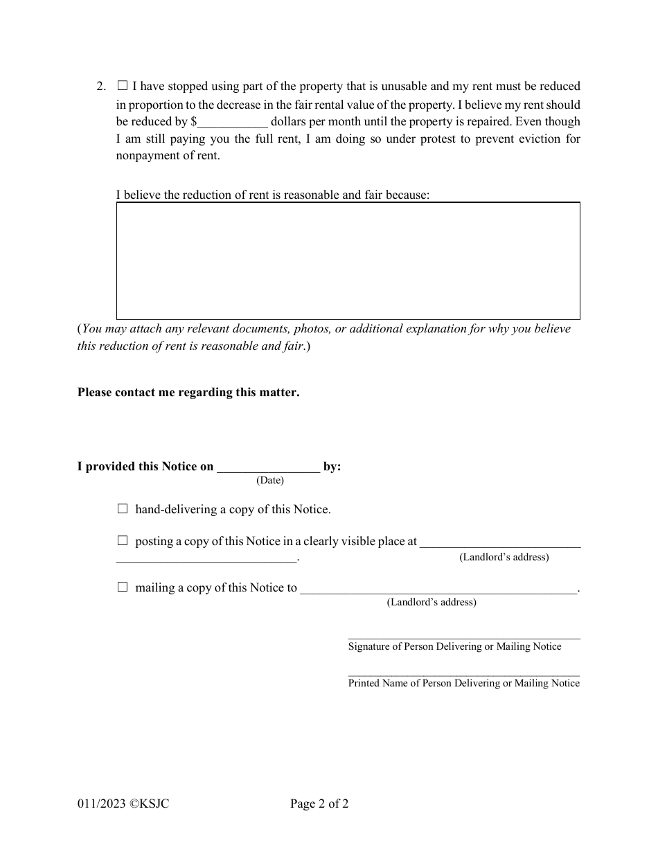 Tenants Notice of Payment of Rent Under Protest Due to Destruction by Fire or Other Substantial Damage - Kansas, Page 2
