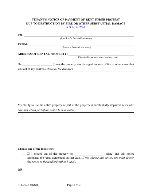 Tenant's Notice of Payment of Rent Under Protest Due to Destruction by Fire or Other Substantial Damage - Kansas Download Pdf