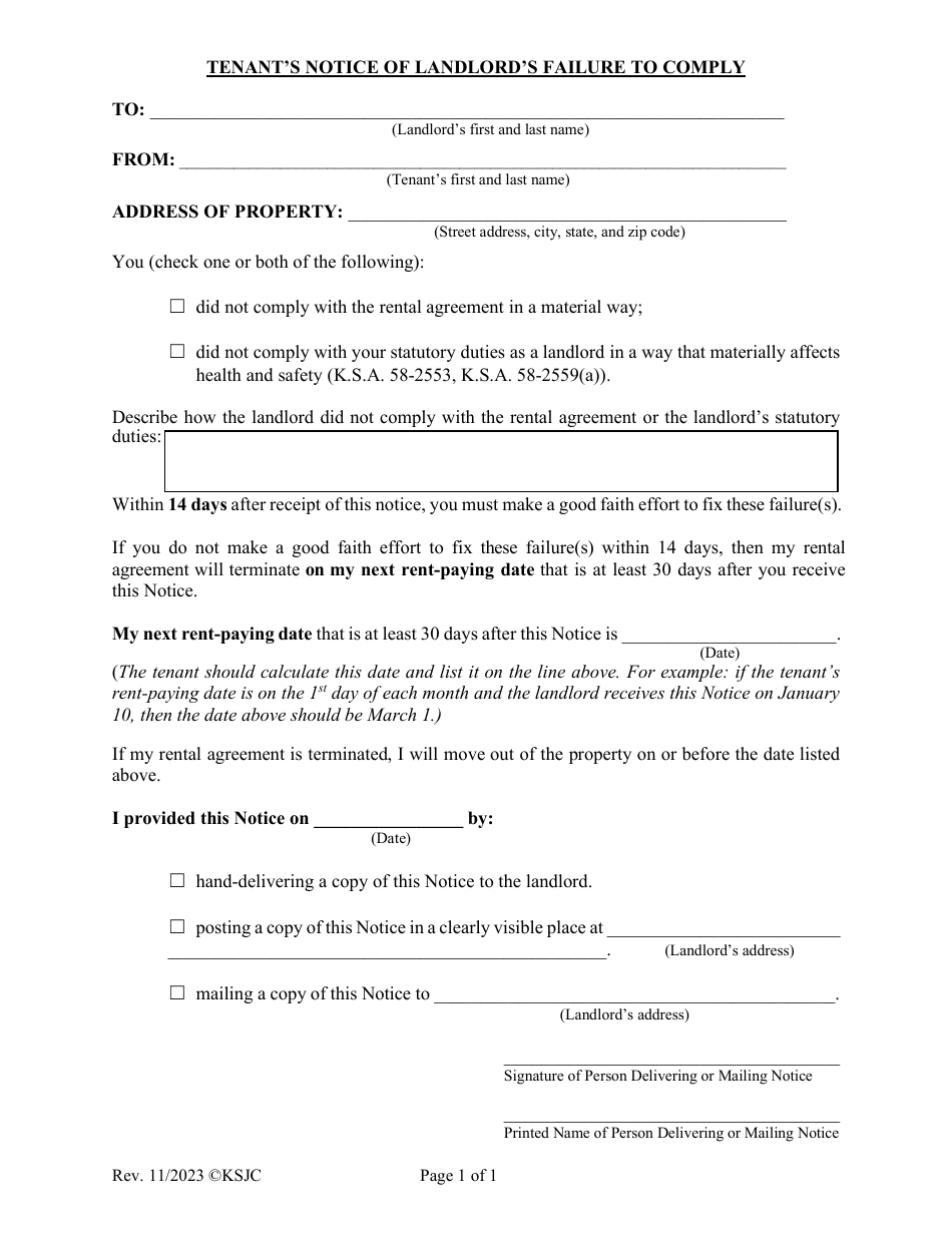 Tenants Notice of Landlords Failure to Comply - Kansas, Page 1