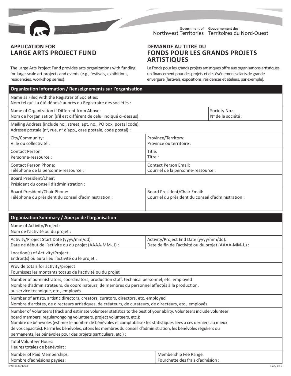 Form NWT9434 Application for Large Arts Project Fund - Northwest Territories, Canada (English / French), Page 1