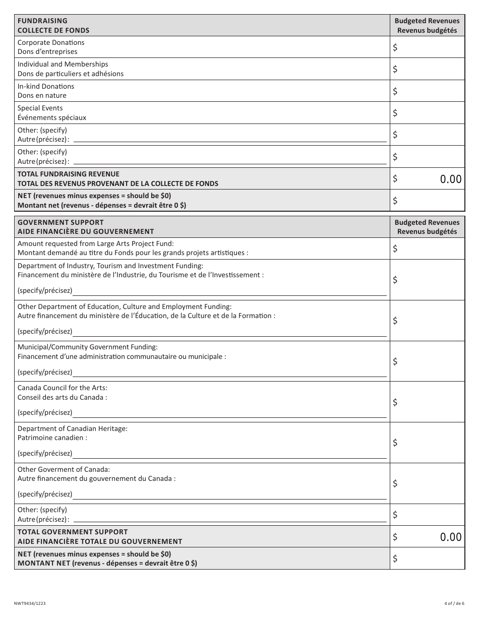 Form NWT9434 Application for Large Arts Project Fund - Northwest Territories, Canada (English / French), Page 4