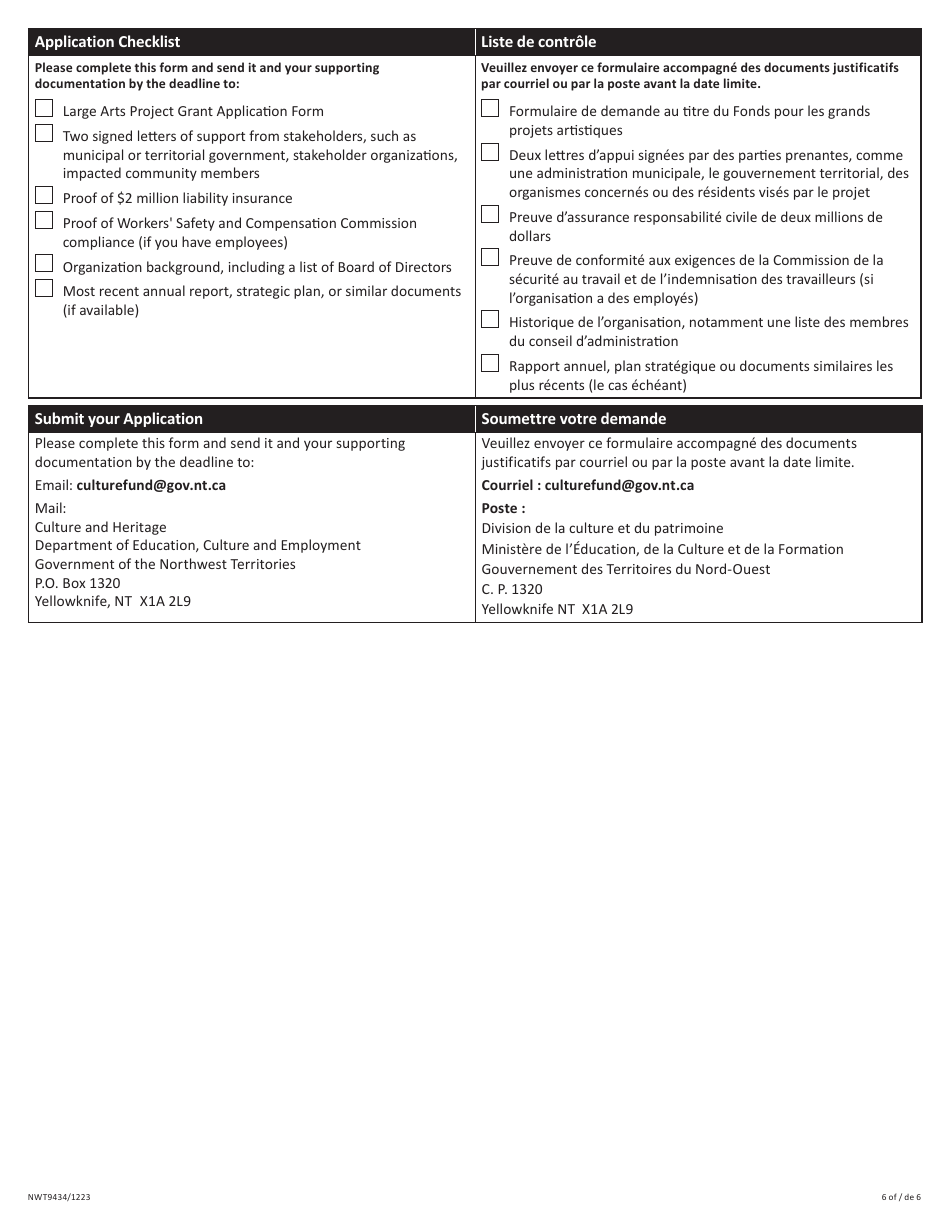Form NWT9434 Application for Large Arts Project Fund - Northwest Territories, Canada (English / French), Page 6
