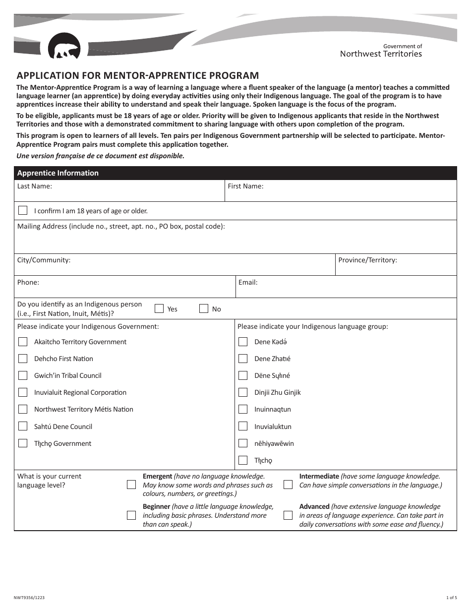 Form NWT9356 Application for Mentor-Apprentice Program - Northwest Territories, Canada, Page 1