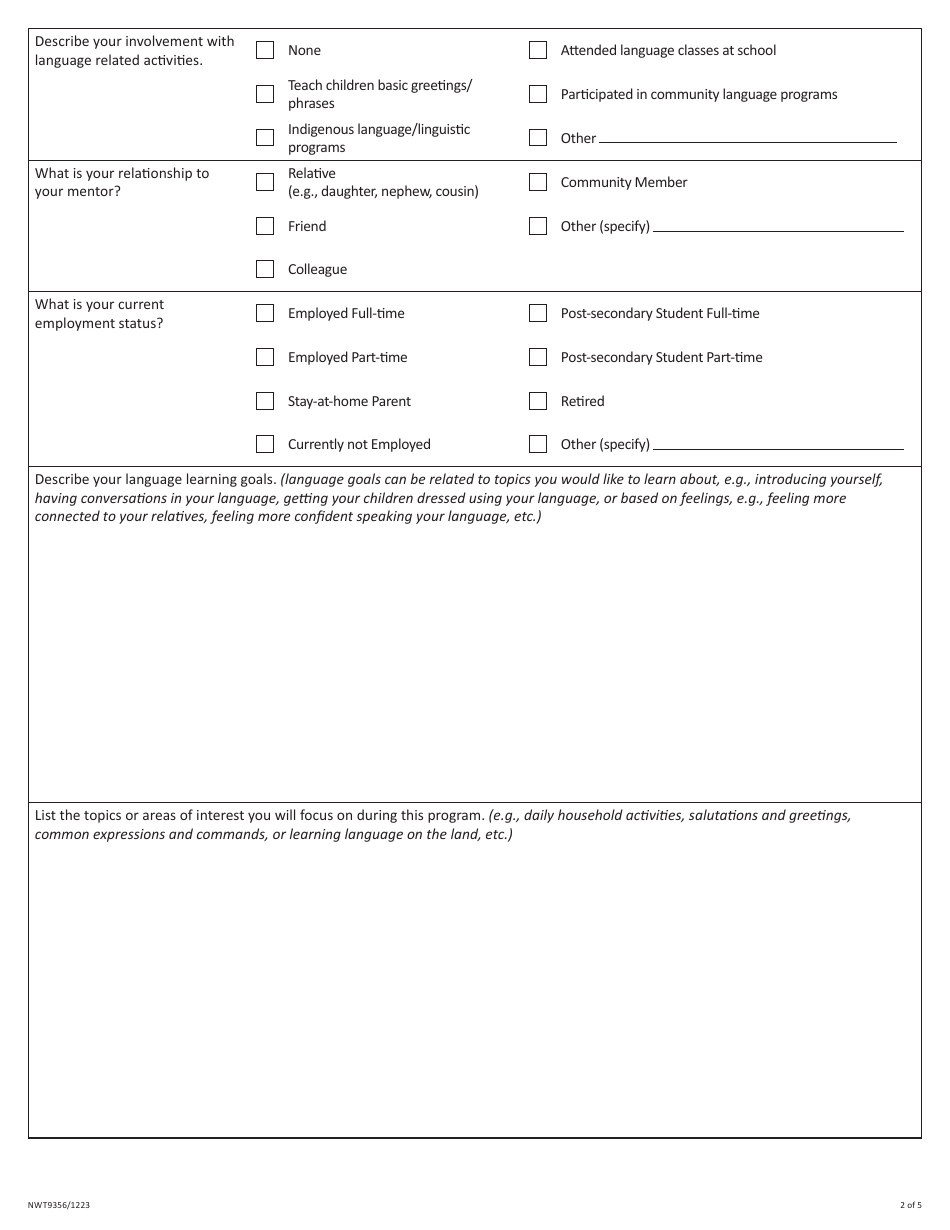 Form NWT9356 Application for Mentor-Apprentice Program - Northwest Territories, Canada, Page 2