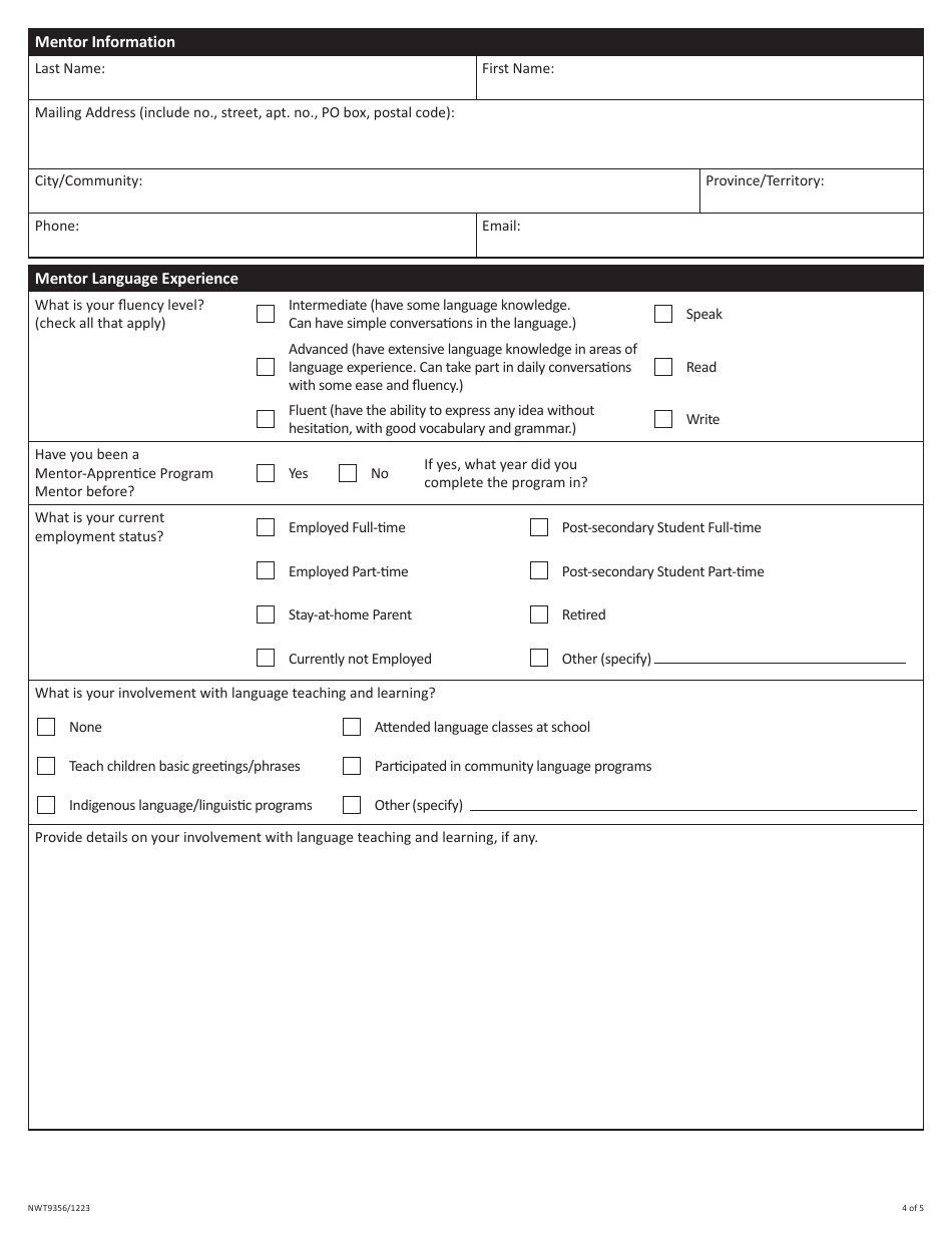 Form NWT9356 Application for Mentor-Apprentice Program - Northwest Territories, Canada, Page 4