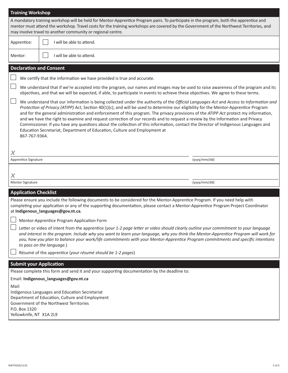 Form NWT9356 Application for Mentor-Apprentice Program - Northwest Territories, Canada, Page 5
