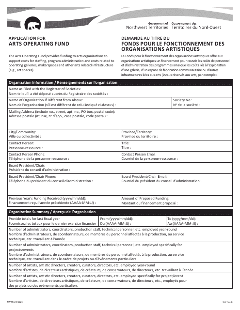 Form NWT9424 Application for Arts Operating Fund - Northwest Territories, Canada (English/French)