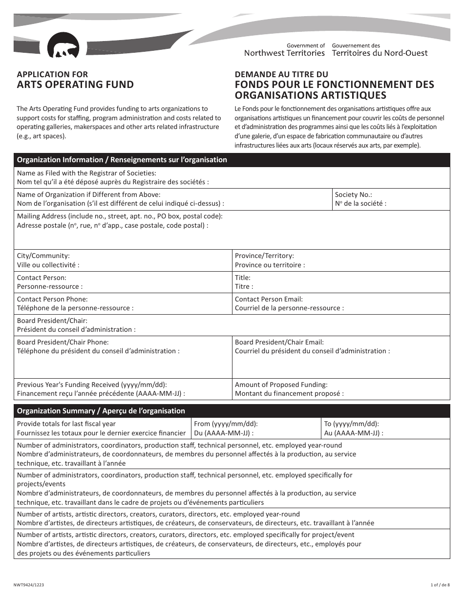 Form NWT9424 Application for Arts Operating Fund - Northwest Territories, Canada (English / French), Page 1