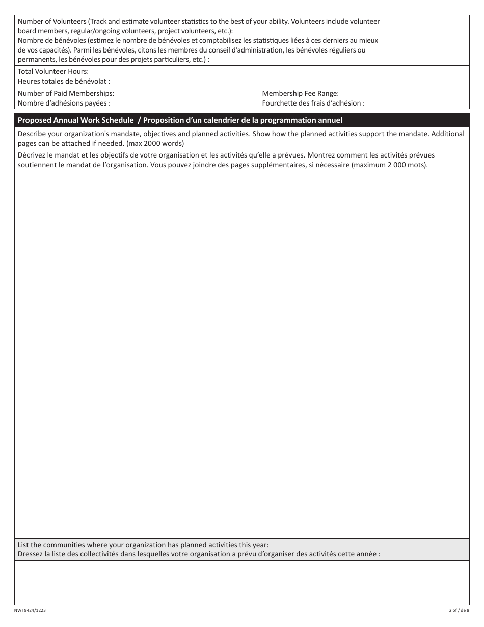 Form NWT9424 Application for Arts Operating Fund - Northwest Territories, Canada (English / French), Page 2