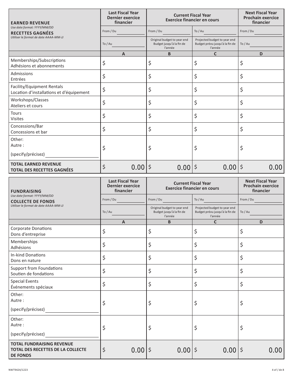 Form NWT9424 Application for Arts Operating Fund - Northwest Territories, Canada (English / French), Page 4
