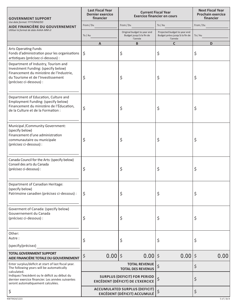 Form NWT9424 Application for Arts Operating Fund - Northwest Territories, Canada (English / French), Page 5