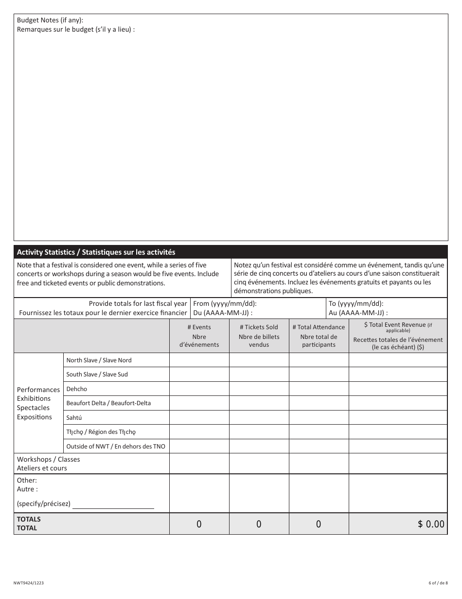 Form NWT9424 Application for Arts Operating Fund - Northwest Territories, Canada (English / French), Page 6