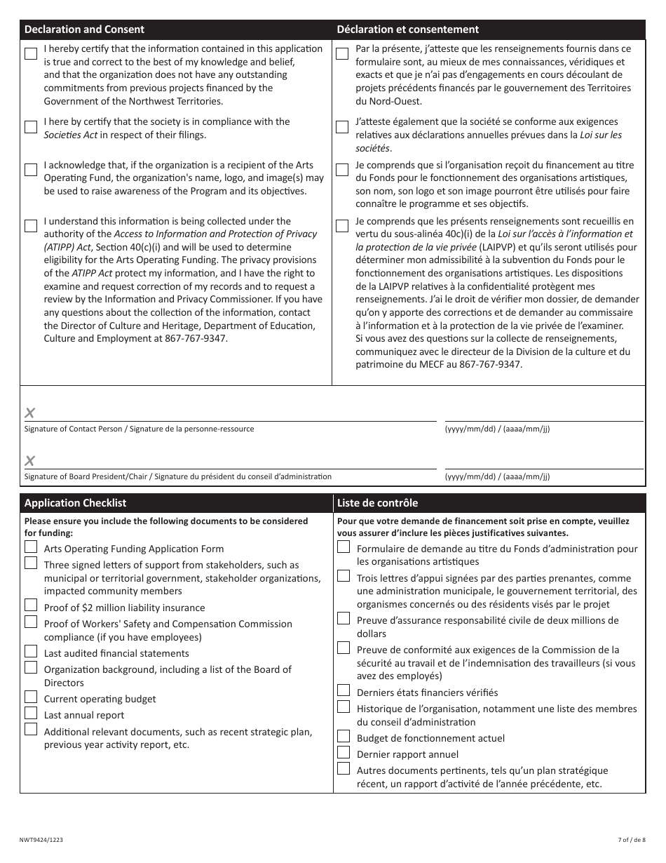 Form NWT9424 Application for Arts Operating Fund - Northwest Territories, Canada (English / French), Page 7