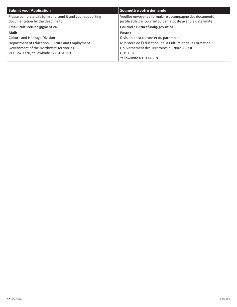 Form NWT9424 Application for Arts Operating Fund - Northwest Territories, Canada (English / French), Page 8