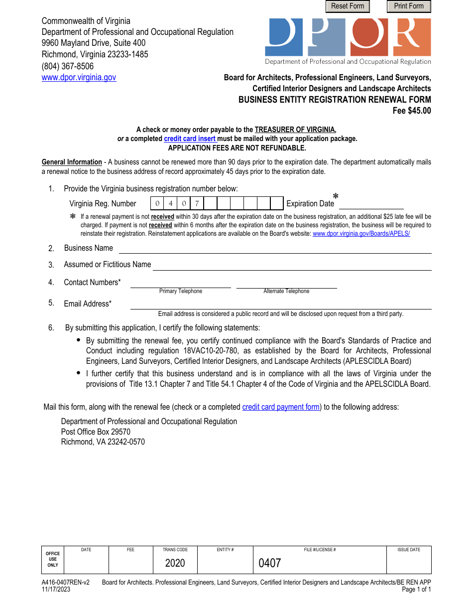 Form A416-0407REN Business Entity Registration Renewal Form - Virginia, Page 1