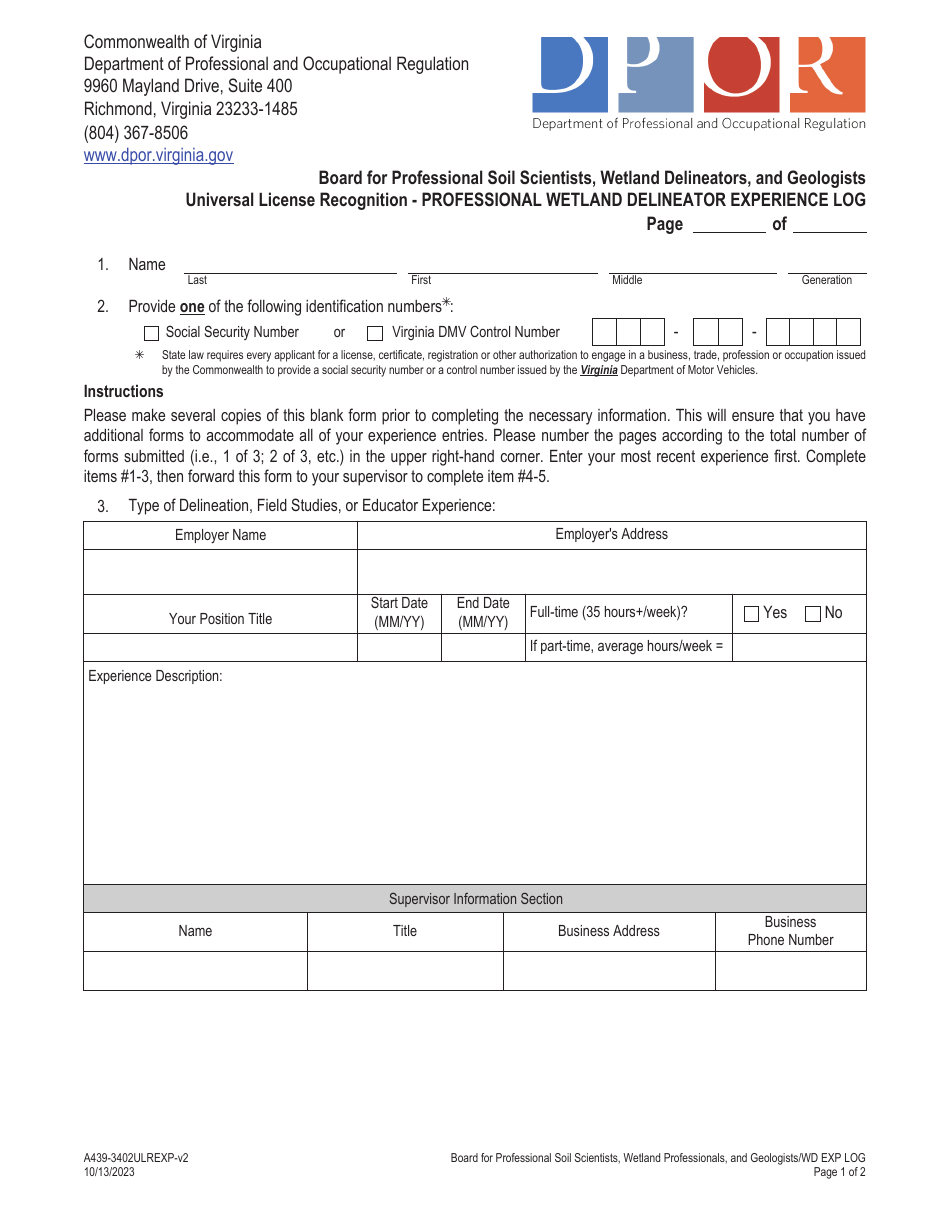 Form A439-3402ULREXP Universal License Recognition - Professional Wetland Delineator Experience Log - Virginia, Page 1