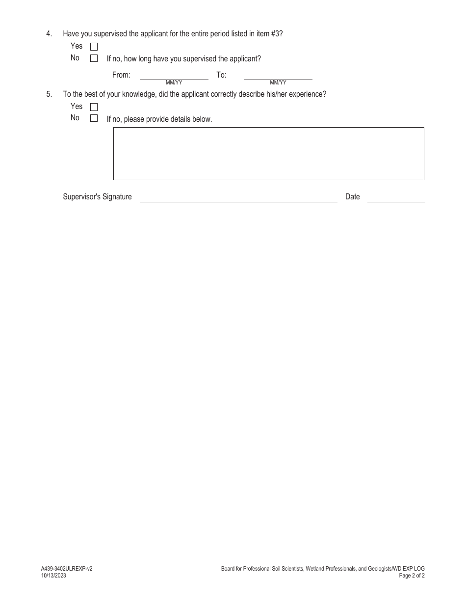 Form A439-3402ULREXP Universal License Recognition - Professional Wetland Delineator Experience Log - Virginia, Page 2
