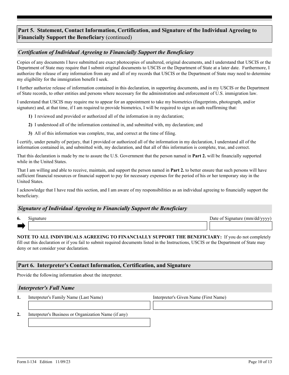 USCIS Form I-134 Declaration of Financial Support, Page 10
