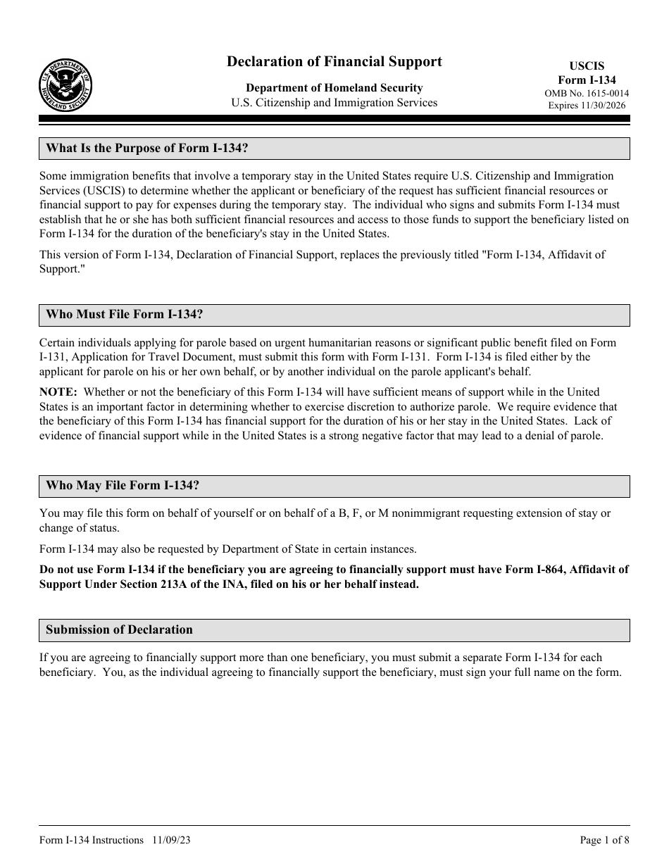 Instructions for USCIS Form I-134 Declaration of Financial Support, Page 1