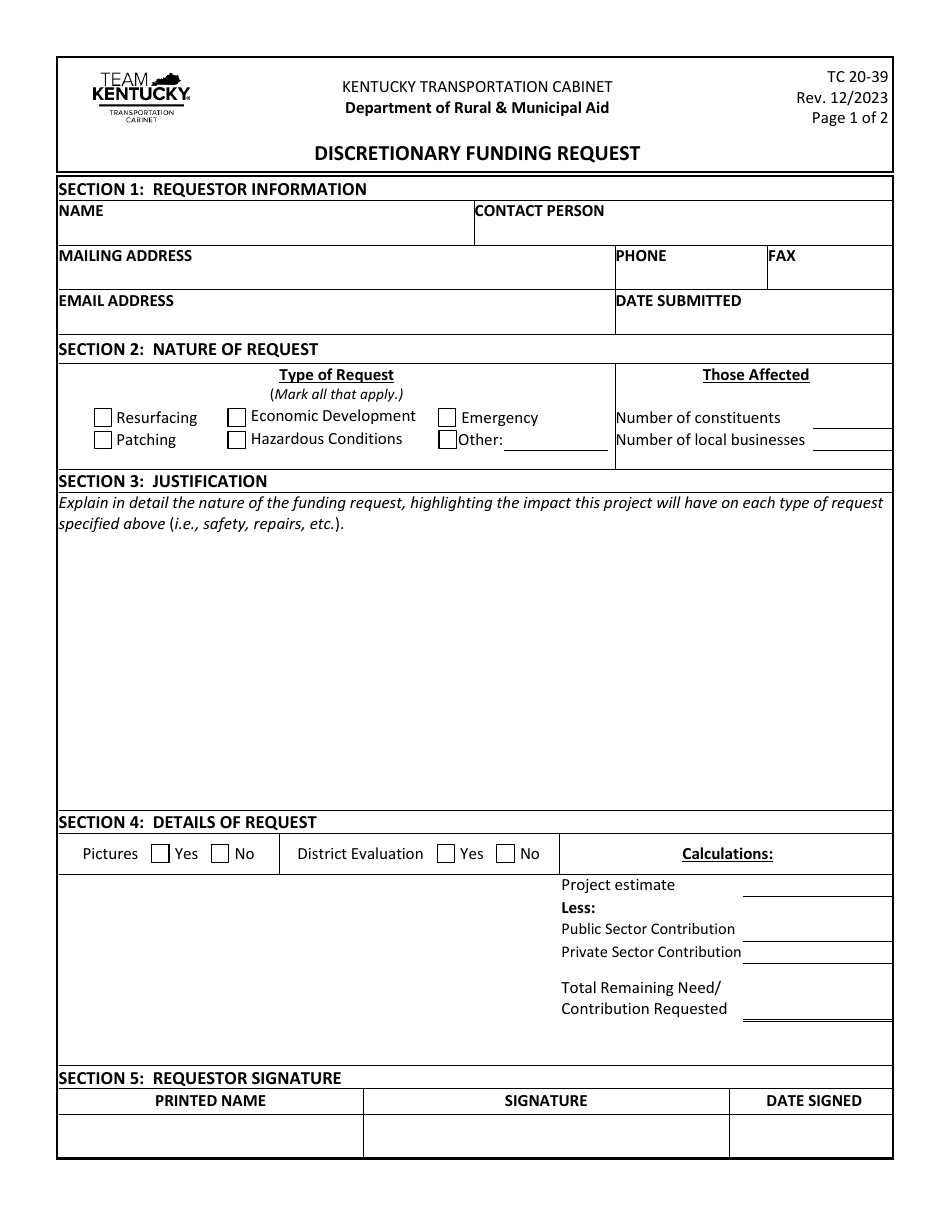 Form TC20-39 Discretionary Funding Request - Kentucky, Page 1