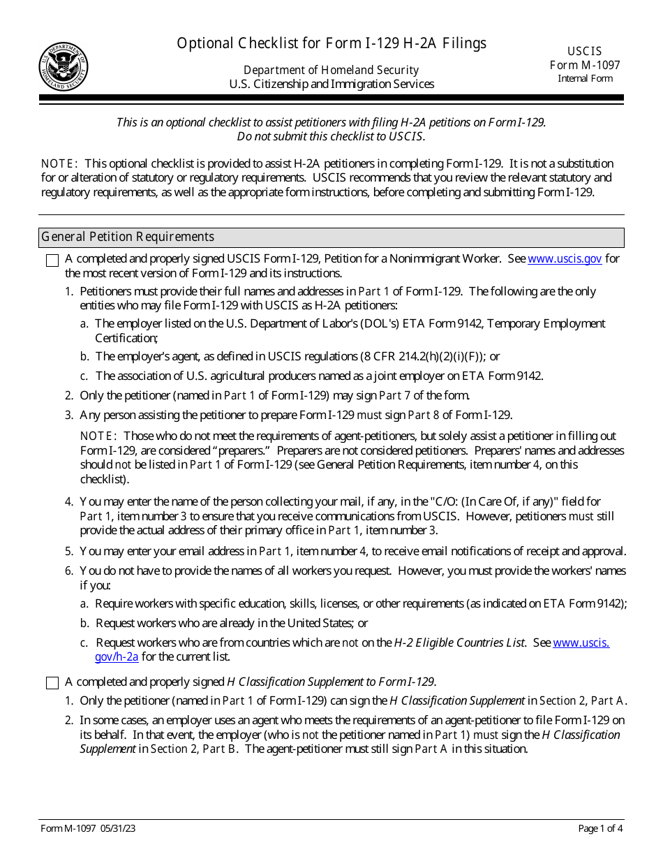 USCIS Form M-1097 Optional Checklist for Form I-129 H-2a Filings, Page 1