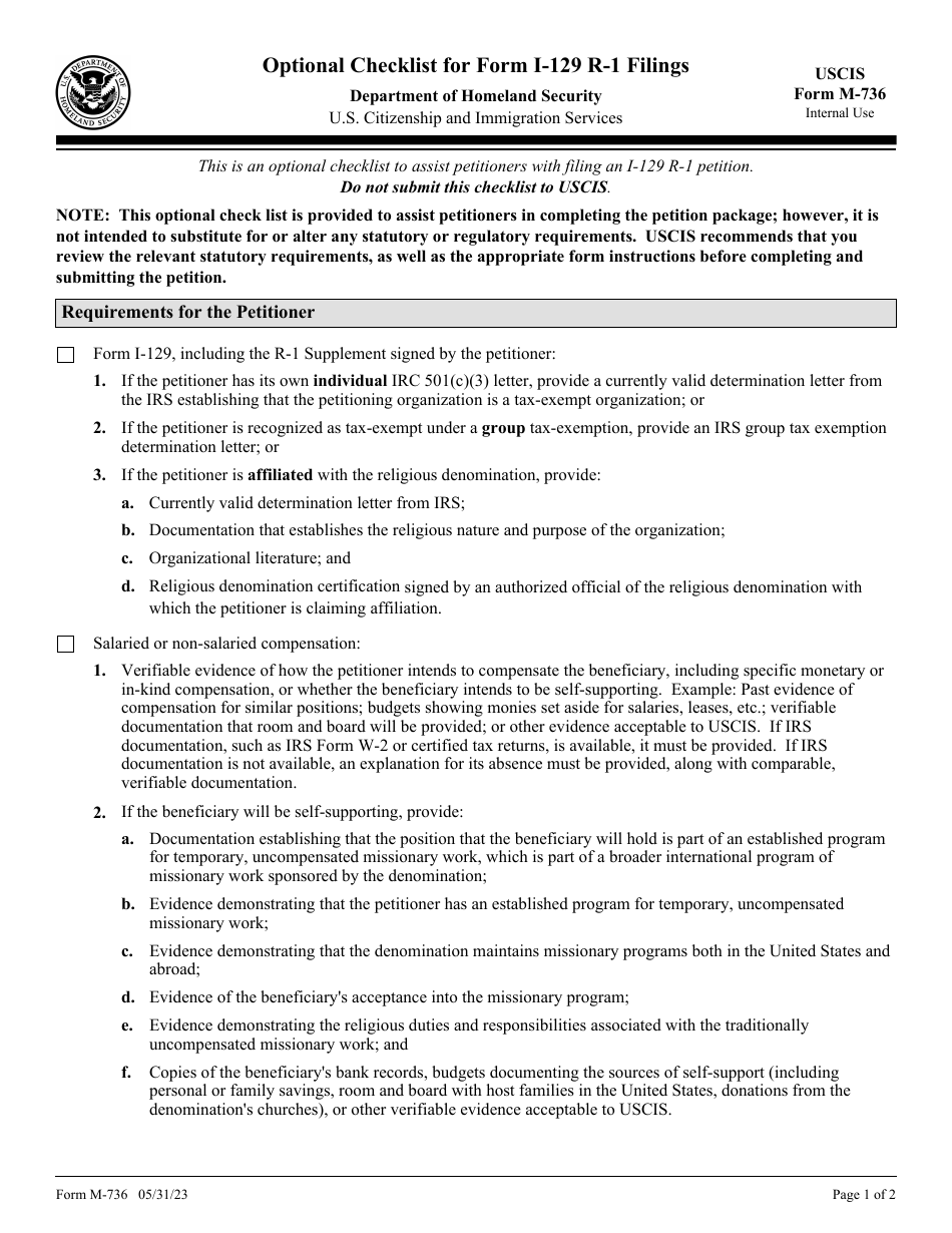 USCIS Form M-736 Optional Checklist for Form I-129 R-1 Filings, Page 1