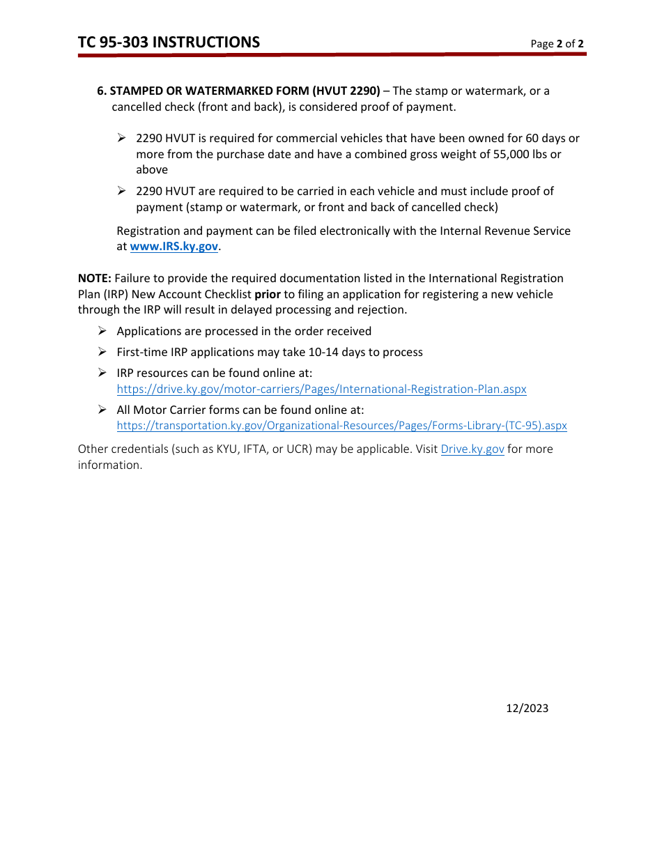 Instructions for Form TC95-303B, TC95-303C Schedule B, C - Kentucky, Page 2