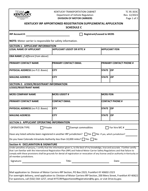 Form TC95-303C Schedule C Kentucky Irp Apportioned Registration Supplemental Application - Kentucky