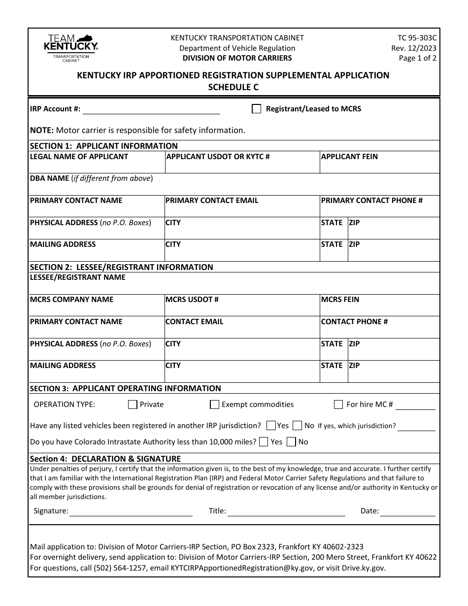 Form TC95-303C Schedule C Kentucky Irp Apportioned Registration Supplemental Application - Kentucky, Page 1