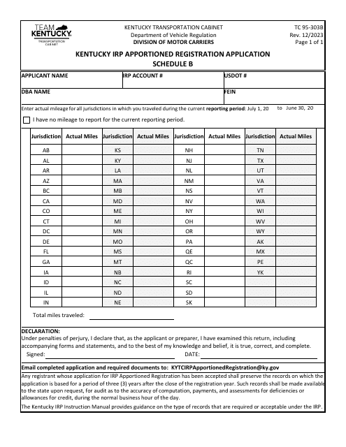 Form TC95-303B Schedule B Kentucky Irp Apportioned Registration Application - Kentucky