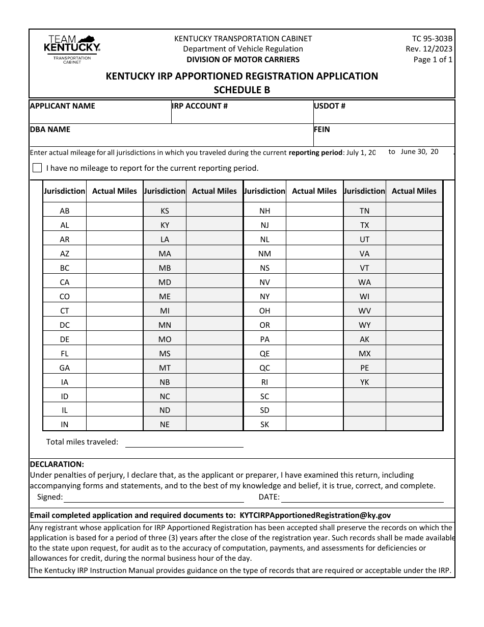 Form TC95-303B Schedule B Kentucky Irp Apportioned Registration Application - Kentucky, Page 1
