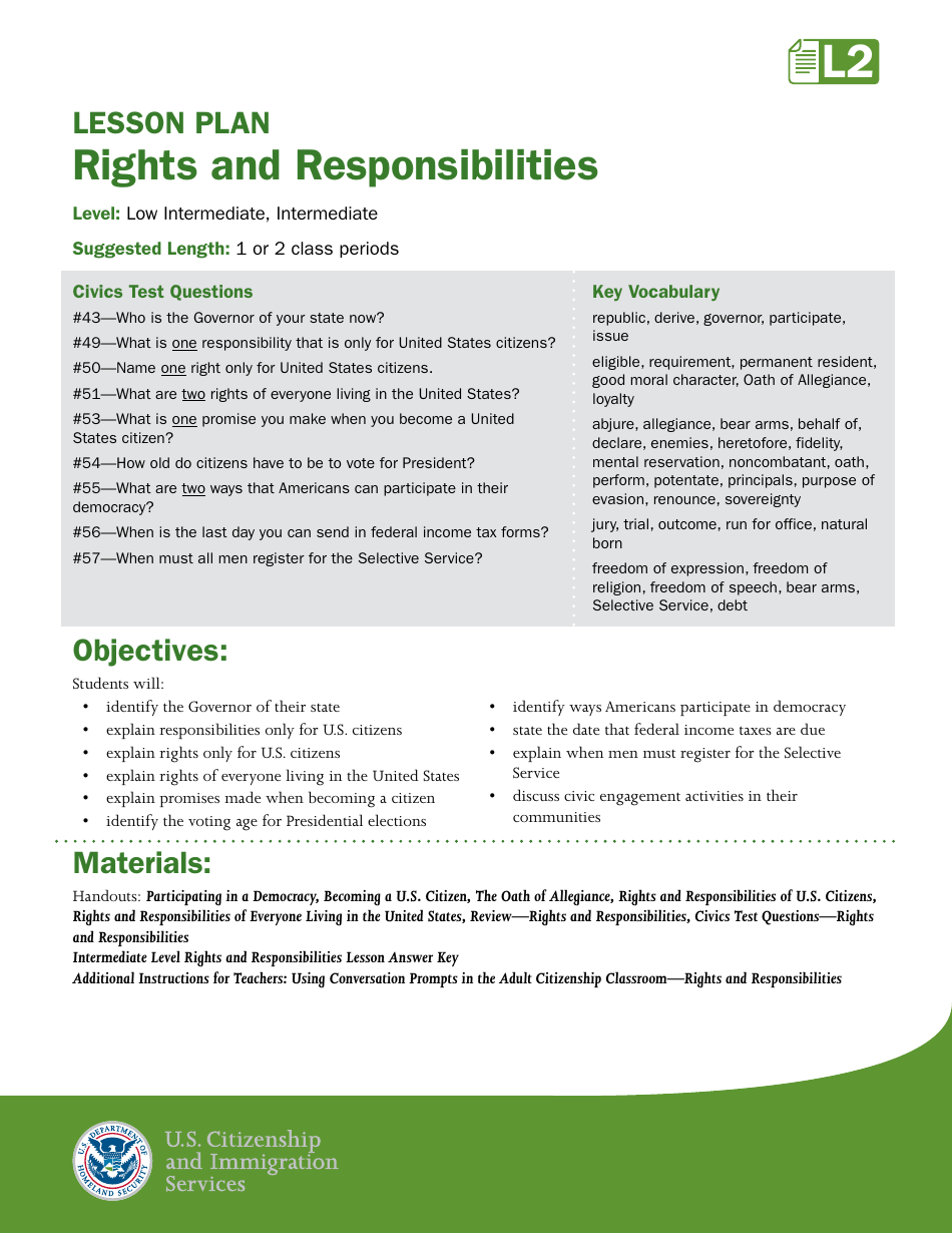Rights and Responsibilities - Intermediate Level Lesson Plan, Page 1