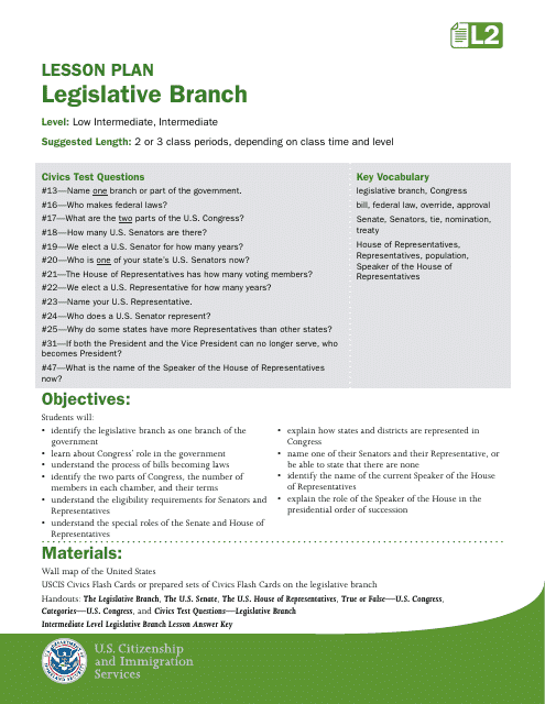 Legislative Branch - Intermediate Level Lesson Plan Download Pdf