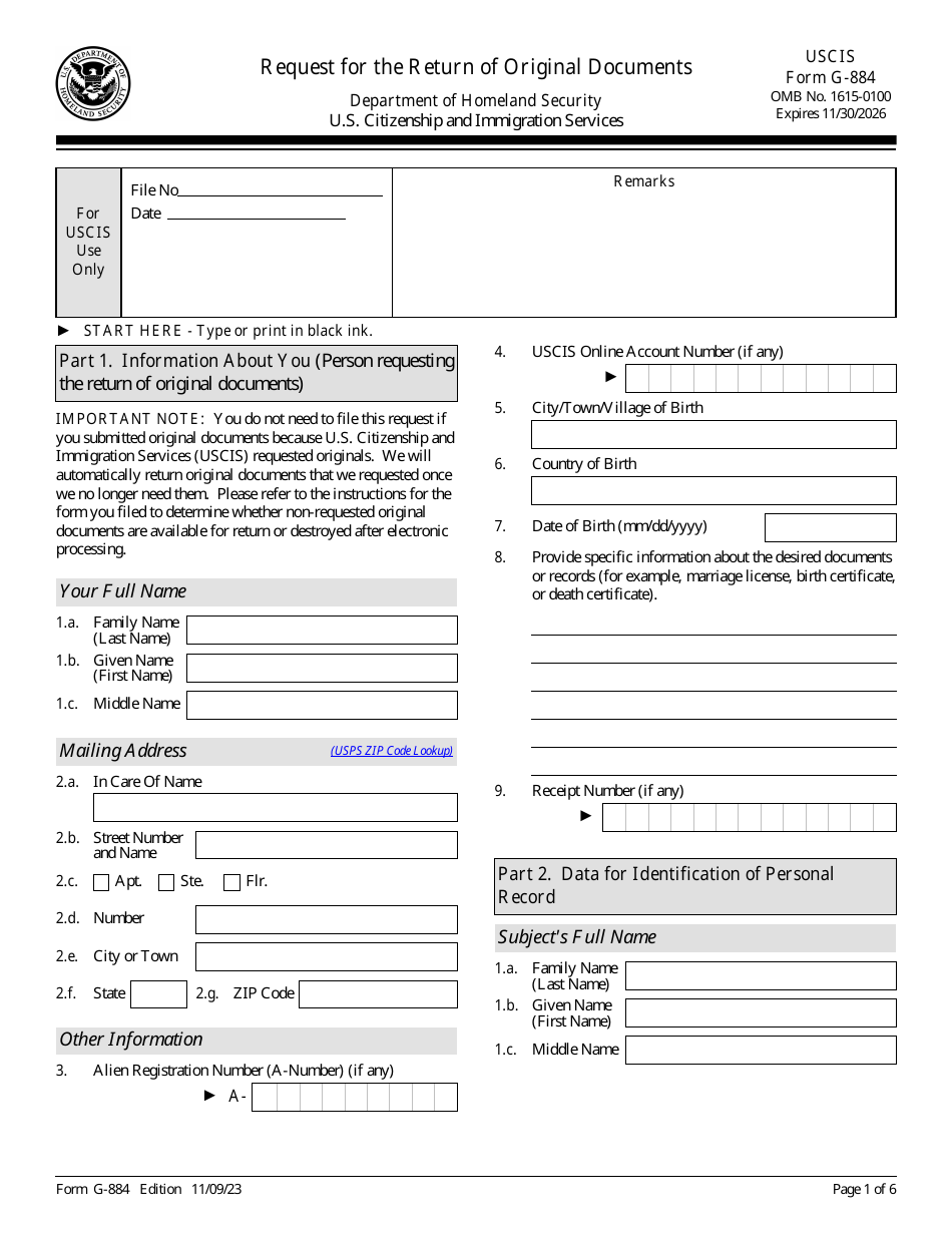 USCIS Form G-884 Request for the Return of Original Documents, Page 1