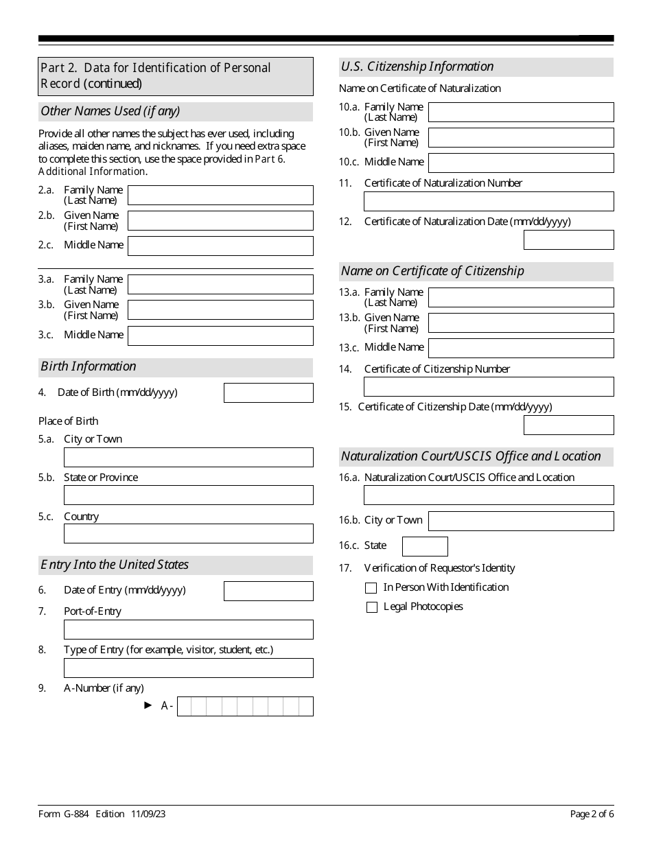 USCIS Form G-884 Download Fillable PDF or Fill Online Request for the ...